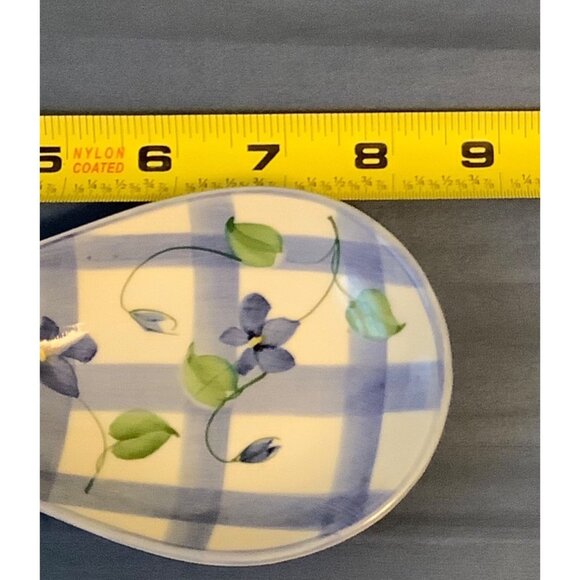 Hand-Painted Ceramic Spoon Rest With Floral Design & Blue Checkered Pattern 8.5” - Picture 4 of 4